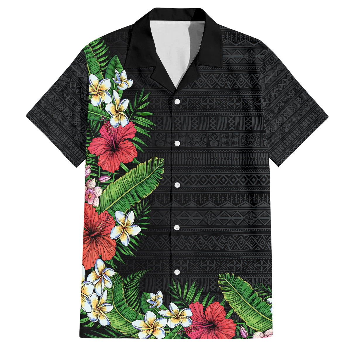Hawaii Tropical Flowers and Leaves Family Matching Off Shoulder Maxi Dress and Hawaiian Shirt Tapa Pattern Colorful Mode LT03 Dad's Shirt - Short Sleeve Black - Polynesian Pride