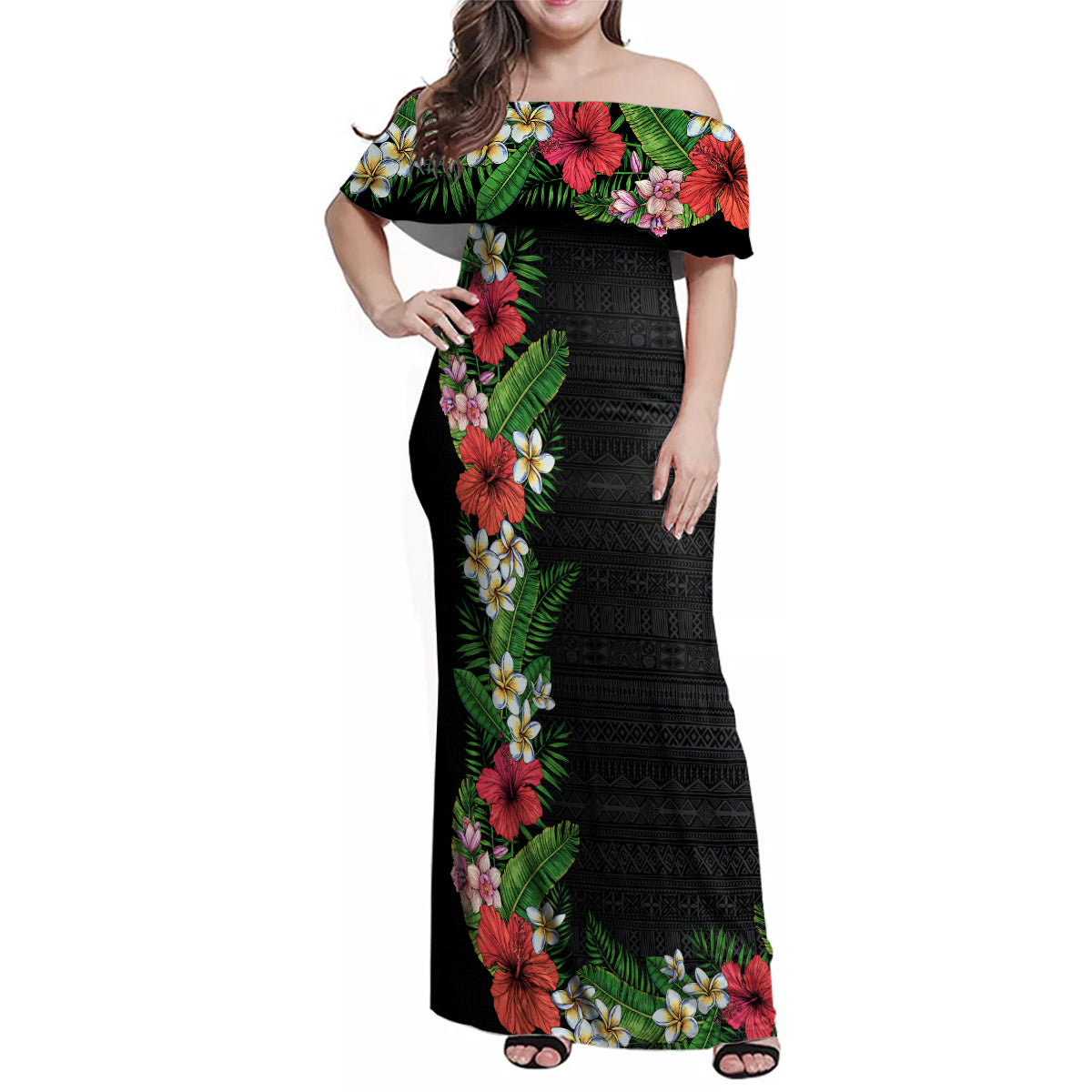 Hawaii Tropical Flowers and Leaves Family Matching Off Shoulder Maxi Dress and Hawaiian Shirt Tapa Pattern Colorful Mode LT03 Mom's Dress Black - Polynesian Pride