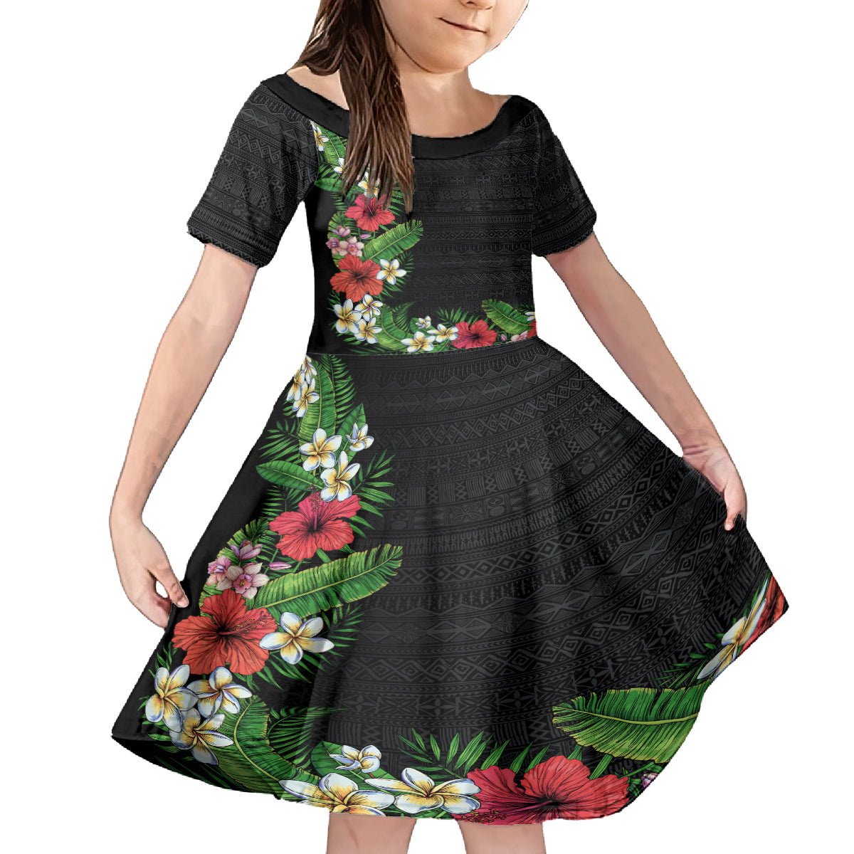 Hawaii Tropical Flowers and Leaves Family Matching Puletasi and Hawaiian Shirt Tapa Pattern Colorful Mode LT03 Daughter's Dress Black - Polynesian Pride