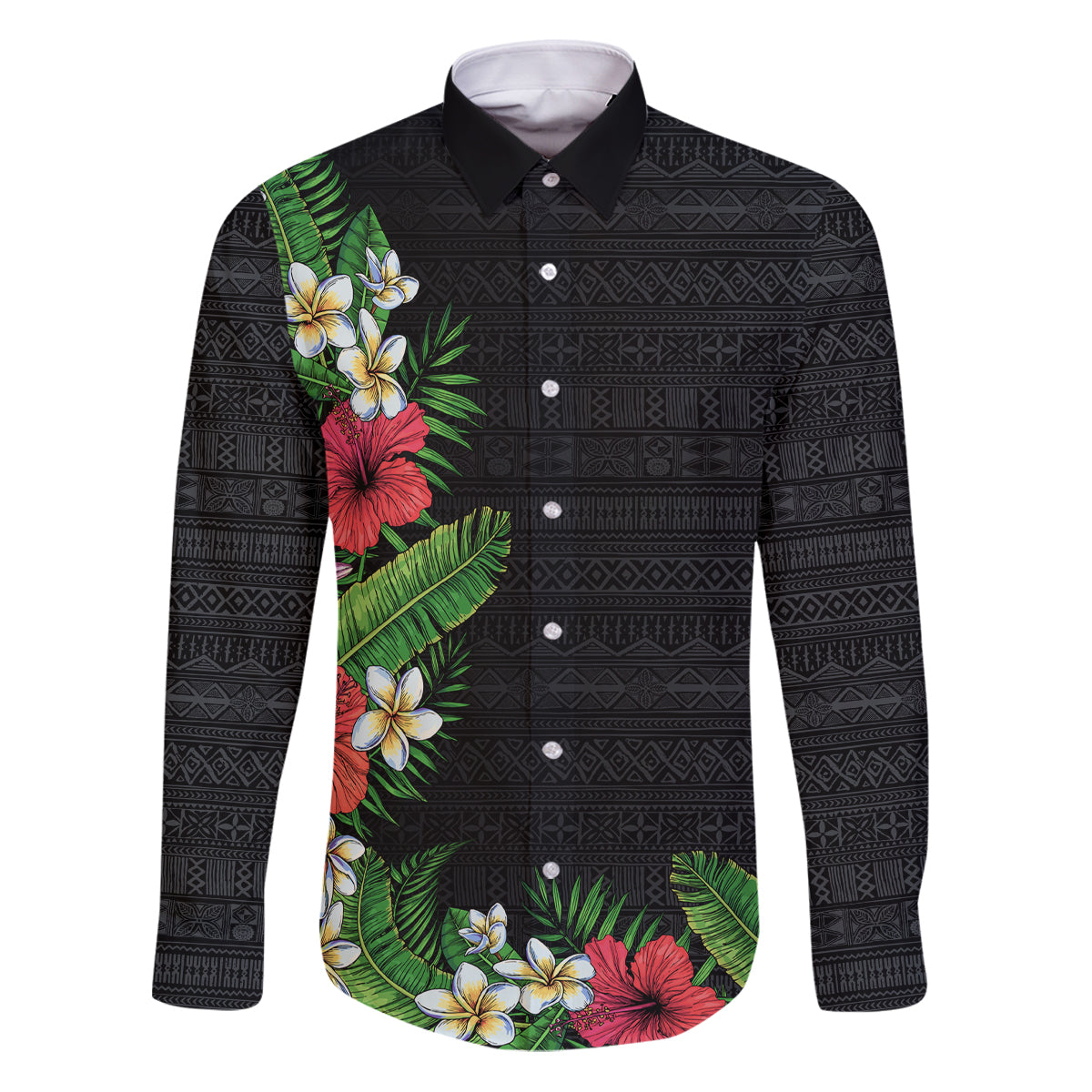Hawaii Tropical Flowers and Leaves Family Matching Puletasi and Hawaiian Shirt Tapa Pattern Colorful Mode LT03 Dad's Shirt - Long Sleeve Black - Polynesian Pride
