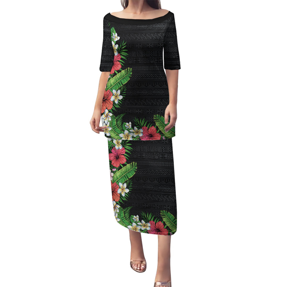 Hawaii Tropical Flowers and Leaves Family Matching Puletasi and Hawaiian Shirt Tapa Pattern Colorful Mode LT03 Mom's Dress Black - Polynesian Pride
