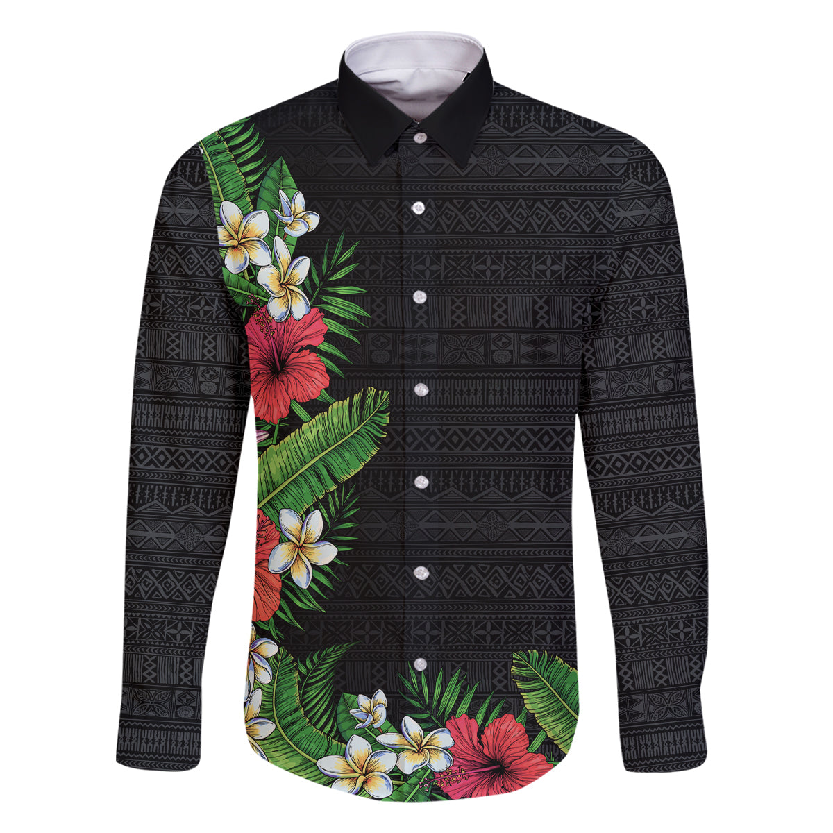 Hawaii Tropical Flowers and Leaves Family Matching Tank Maxi Dress and Hawaiian Shirt Tapa Pattern Colorful Mode LT03 Dad's Shirt - Long Sleeve Black - Polynesian Pride