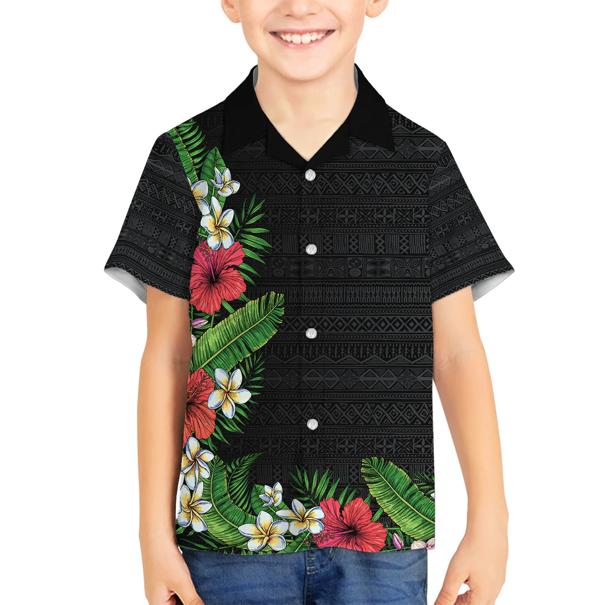 Hawaii Tropical Flowers and Leaves Family Matching Tank Maxi Dress and Hawaiian Shirt Tapa Pattern Colorful Mode LT03 Son's Shirt Black - Polynesian Pride