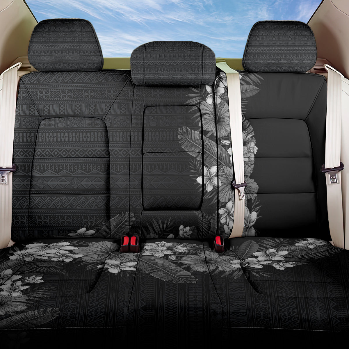 Hawaii Tropical Flowers and Leaves Back Car Seat Cover Tapa Pattern Grayscale Mode LT03 One Size Grayscale - Polynesian Pride