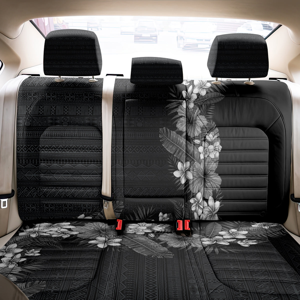 Hawaii Tropical Flowers and Leaves Back Car Seat Cover Tapa Pattern Grayscale Mode LT03 - Polynesian Pride