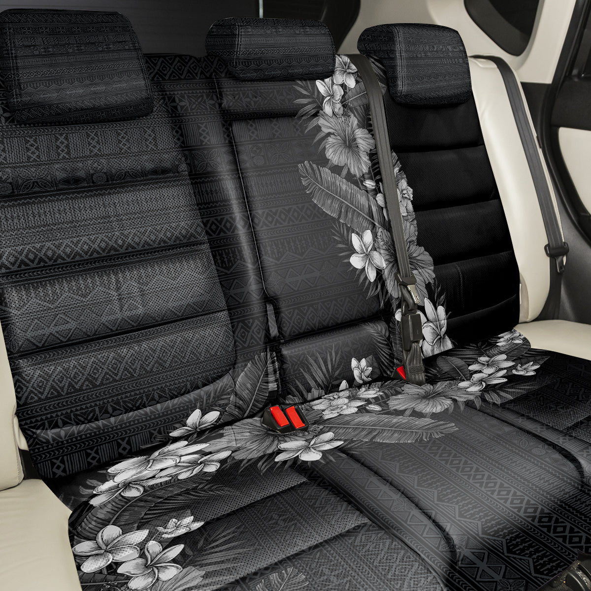 Hawaii Tropical Flowers and Leaves Back Car Seat Cover Tapa Pattern Grayscale Mode LT03 - Polynesian Pride