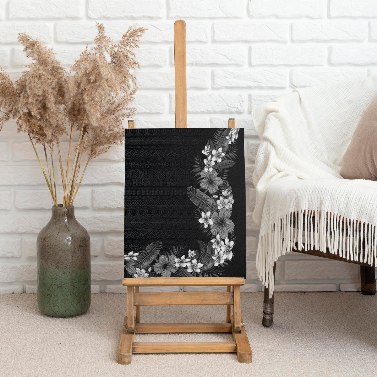 Hawaii Tropical Flowers and Leaves Canvas Wall Art Tapa Pattern Grayscale Mode