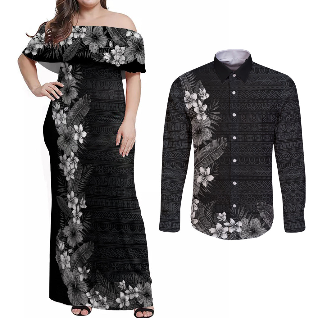 Hawaii Tropical Flowers and Leaves Couples Matching Off Shoulder Maxi Dress and Long Sleeve Button Shirt Tapa Pattern Grayscale Mode