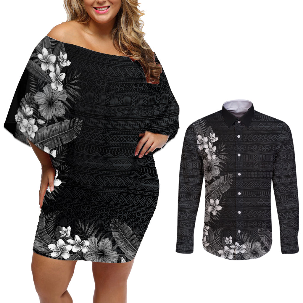 Hawaii Tropical Flowers and Leaves Couples Matching Off Shoulder Short Dress and Long Sleeve Button Shirt Tapa Pattern Grayscale Mode