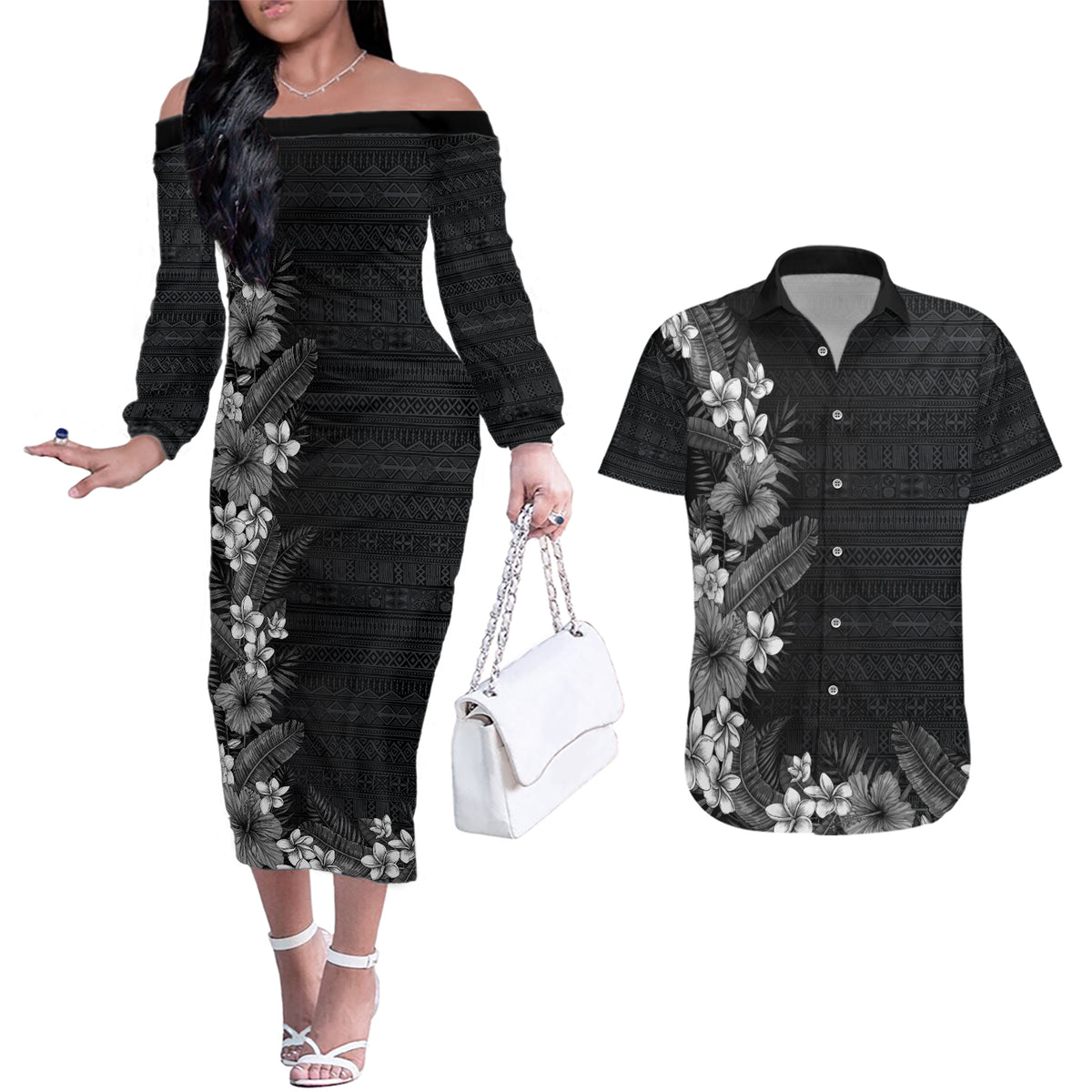 Hawaii Tropical Flowers and Leaves Couples Matching Off The Shoulder Long Sleeve Dress and Hawaiian Shirt Tapa Pattern Grayscale Mode LT03 Grayscale - Polynesian Pride