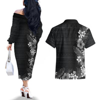 Hawaii Tropical Flowers and Leaves Couples Matching Off The Shoulder Long Sleeve Dress and Hawaiian Shirt Tapa Pattern Grayscale Mode LT03 - Polynesian Pride