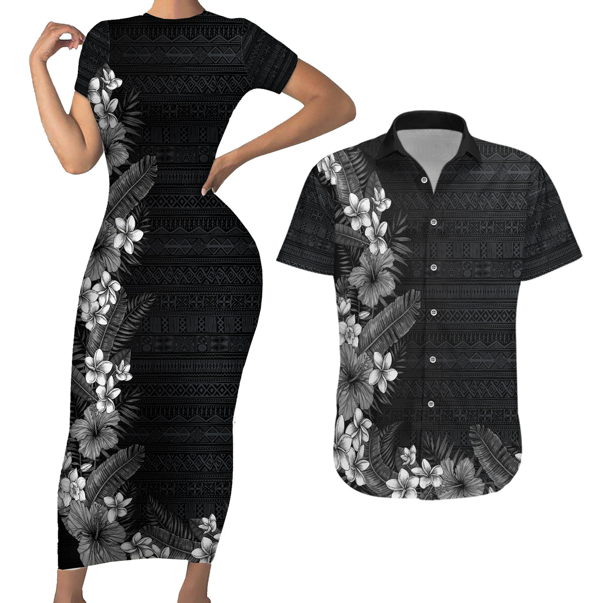 Hawaii Tropical Flowers and Leaves Couples Matching Short Sleeve Bodycon Dress and Hawaiian Shirt Tapa Pattern Grayscale Mode LT03 Grayscale - Polynesian Pride