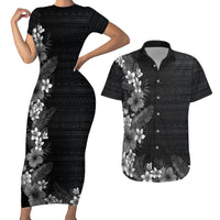 Hawaii Tropical Flowers and Leaves Couples Matching Short Sleeve Bodycon Dress and Hawaiian Shirt Tapa Pattern Grayscale Mode LT03 Grayscale - Polynesian Pride