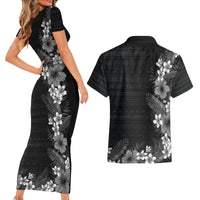 Hawaii Tropical Flowers and Leaves Couples Matching Short Sleeve Bodycon Dress and Hawaiian Shirt Tapa Pattern Grayscale Mode LT03 - Polynesian Pride