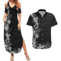Hawaii Tropical Flowers and Leaves Couples Matching Summer Maxi Dress and Hawaiian Shirt Tapa Pattern Grayscale Mode