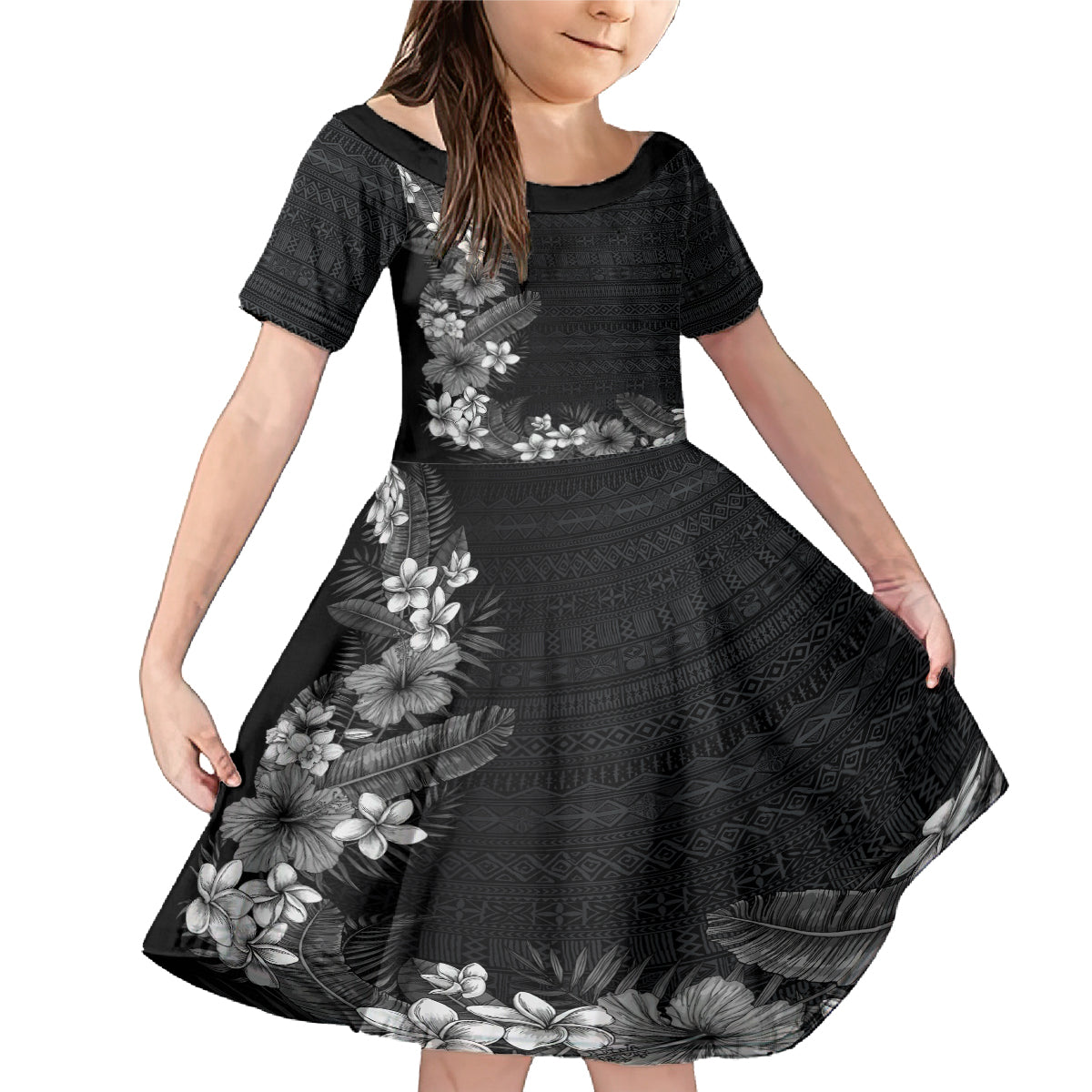 Hawaii Tropical Flowers and Leaves Family Matching Mermaid Dress and Hawaiian Shirt Tapa Pattern Grayscale Mode LT03 Daughter's Dress Grayscale - Polynesian Pride
