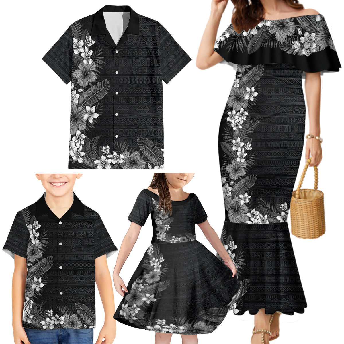 Hawaii Tropical Flowers and Leaves Family Matching Mermaid Dress and Hawaiian Shirt Tapa Pattern Grayscale Mode LT03 - Polynesian Pride