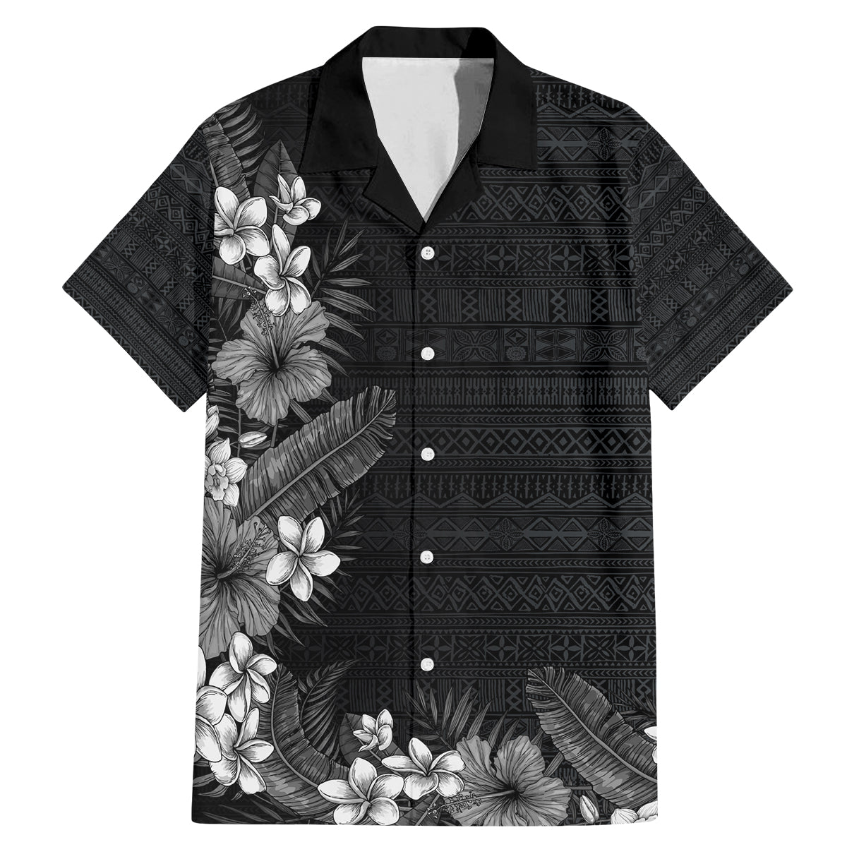 Hawaii Tropical Flowers and Leaves Family Matching Mermaid Dress and Hawaiian Shirt Tapa Pattern Grayscale Mode LT03 Dad's Shirt - Short Sleeve Grayscale - Polynesian Pride