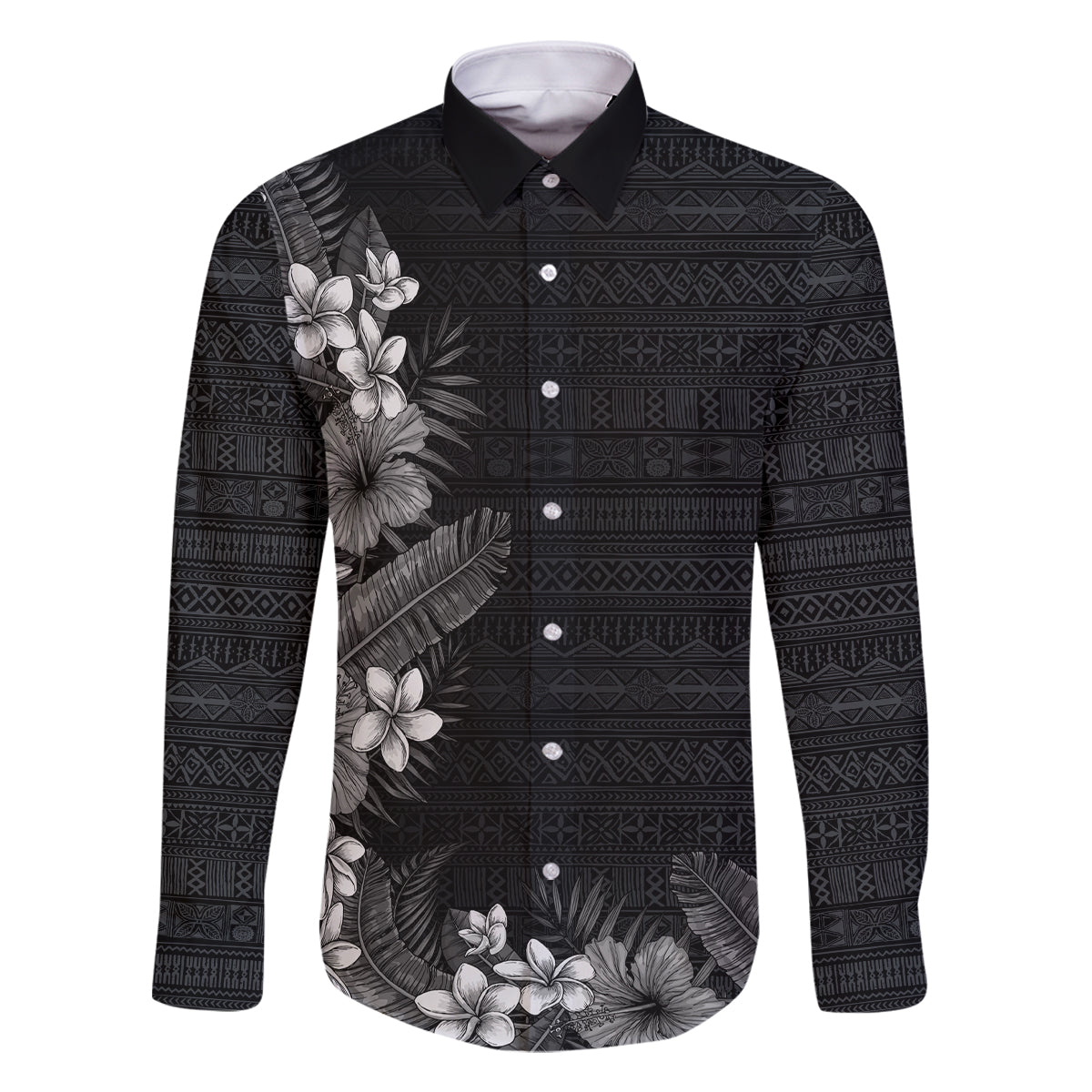 Hawaii Tropical Flowers and Leaves Family Matching Mermaid Dress and Hawaiian Shirt Tapa Pattern Grayscale Mode LT03 Dad's Shirt - Long Sleeve Grayscale - Polynesian Pride
