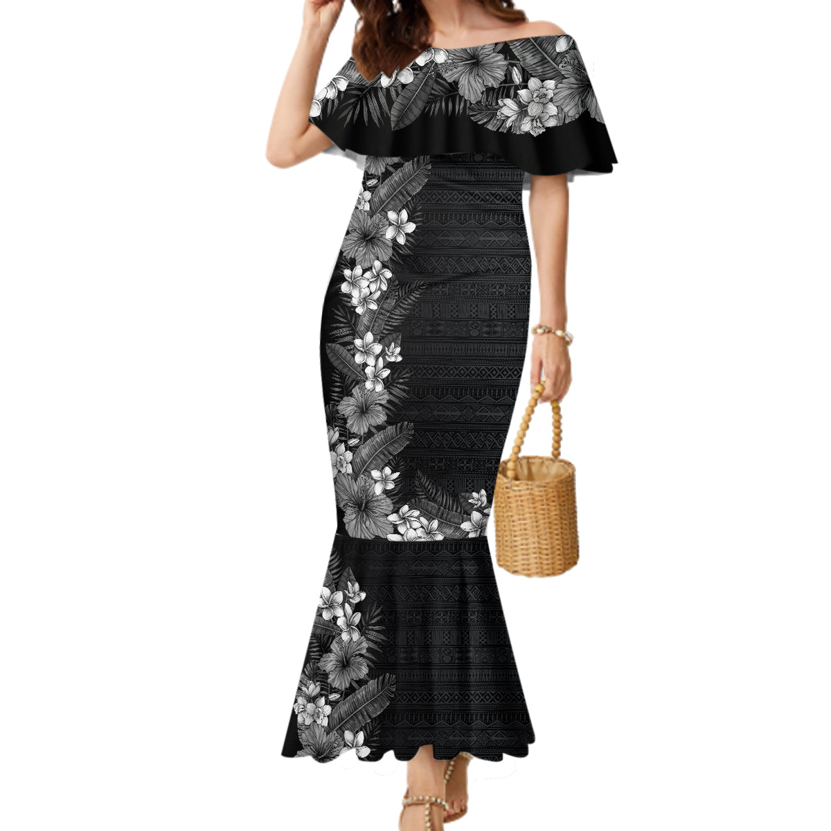 Hawaii Tropical Flowers and Leaves Family Matching Mermaid Dress and Hawaiian Shirt Tapa Pattern Grayscale Mode LT03 Mom's Dress Grayscale - Polynesian Pride
