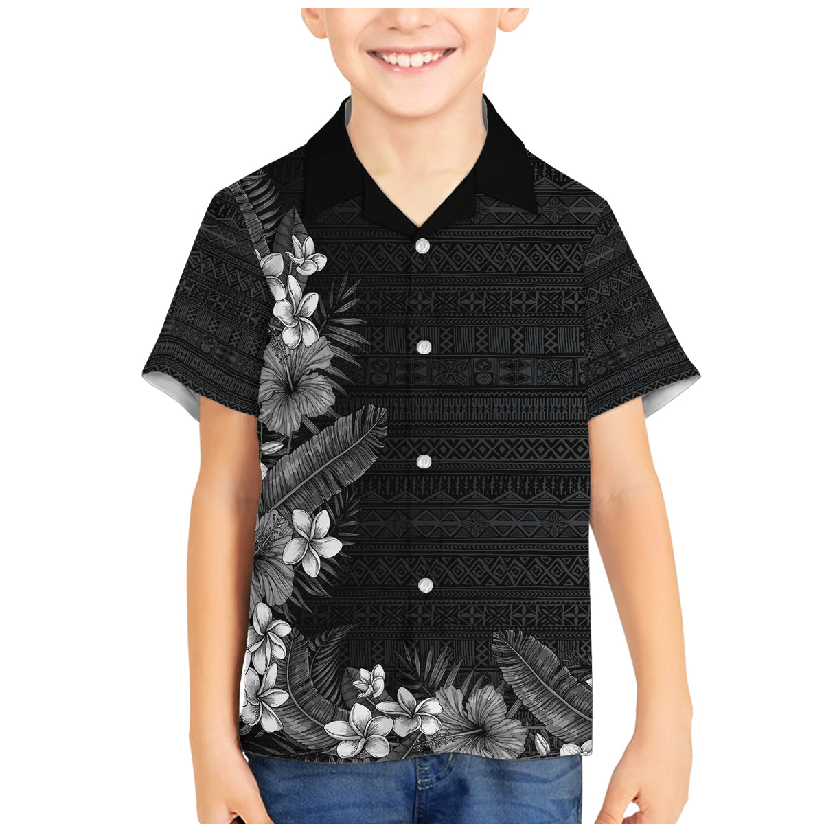 Hawaii Tropical Flowers and Leaves Family Matching Mermaid Dress and Hawaiian Shirt Tapa Pattern Grayscale Mode LT03 Son's Shirt Grayscale - Polynesian Pride