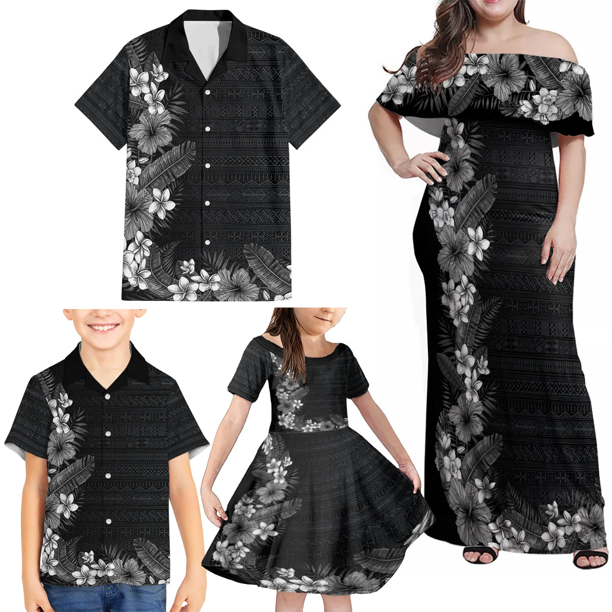 Hawaii Tropical Flowers and Leaves Family Matching Off Shoulder Maxi Dress and Hawaiian Shirt Tapa Pattern Grayscale Mode LT03 - Polynesian Pride