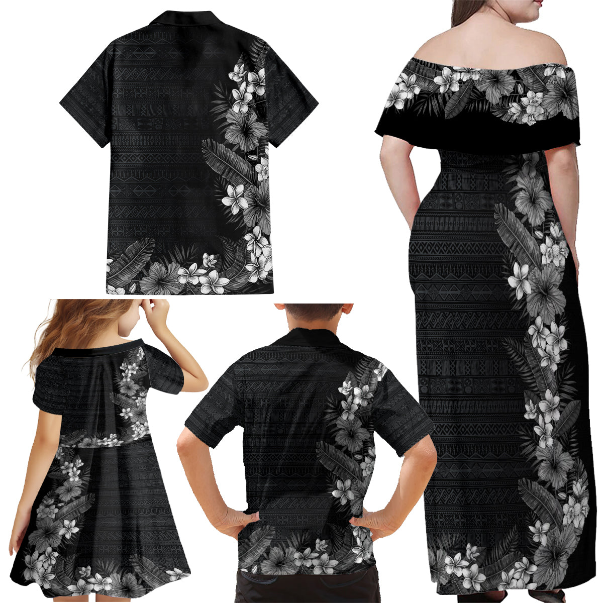 Hawaii Tropical Flowers and Leaves Family Matching Off Shoulder Maxi Dress and Hawaiian Shirt Tapa Pattern Grayscale Mode LT03 - Polynesian Pride