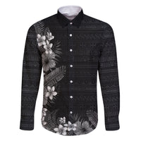 Hawaii Tropical Flowers and Leaves Family Matching Off Shoulder Maxi Dress and Hawaiian Shirt Tapa Pattern Grayscale Mode LT03 Dad's Shirt - Long Sleeve Grayscale - Polynesian Pride