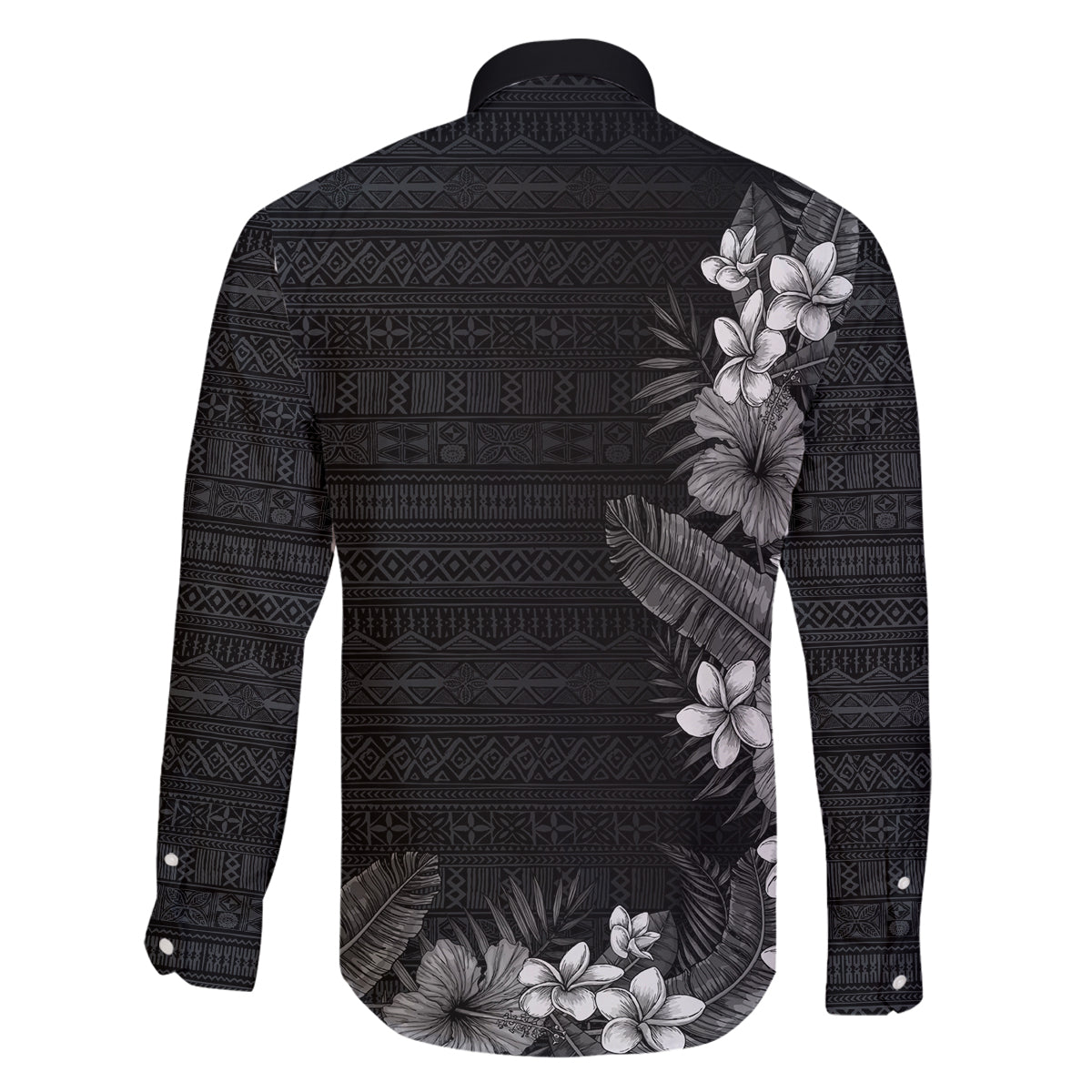 Hawaii Tropical Flowers and Leaves Family Matching Off Shoulder Maxi Dress and Hawaiian Shirt Tapa Pattern Grayscale Mode LT03 - Polynesian Pride