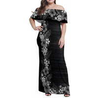 Hawaii Tropical Flowers and Leaves Family Matching Off Shoulder Maxi Dress and Hawaiian Shirt Tapa Pattern Grayscale Mode LT03 Mom's Dress Grayscale - Polynesian Pride