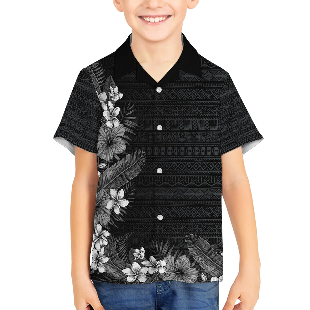 Hawaii Tropical Flowers and Leaves Family Matching Off Shoulder Maxi Dress and Hawaiian Shirt Tapa Pattern Grayscale Mode LT03 Son's Shirt Grayscale - Polynesian Pride