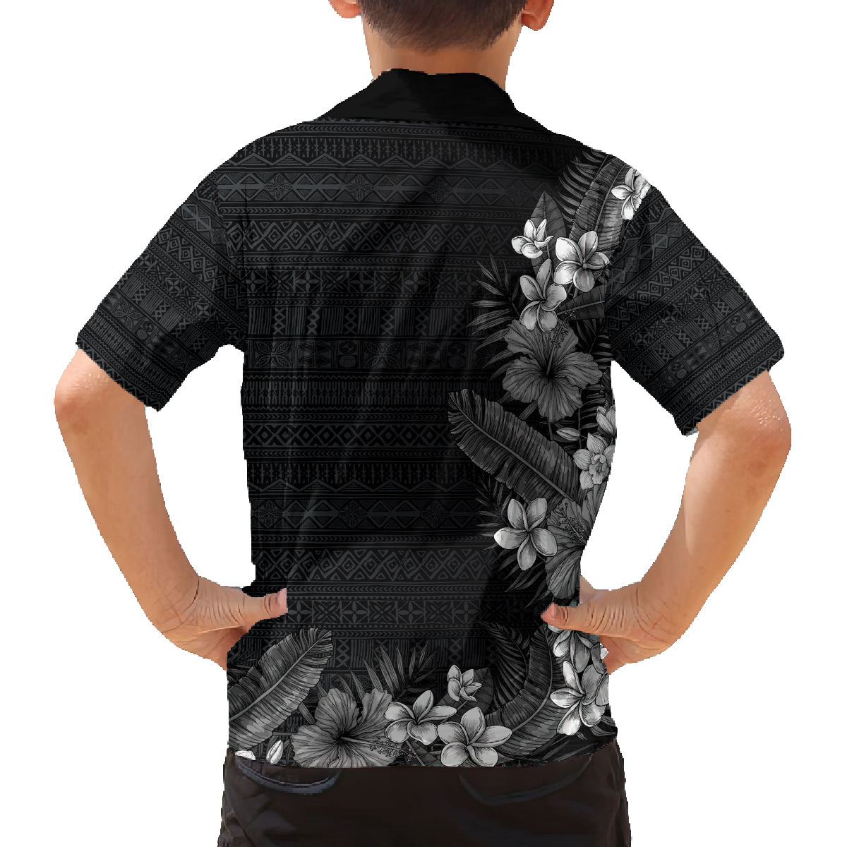 Hawaii Tropical Flowers and Leaves Family Matching Off Shoulder Short Dress and Hawaiian Shirt Tapa Pattern Grayscale Mode