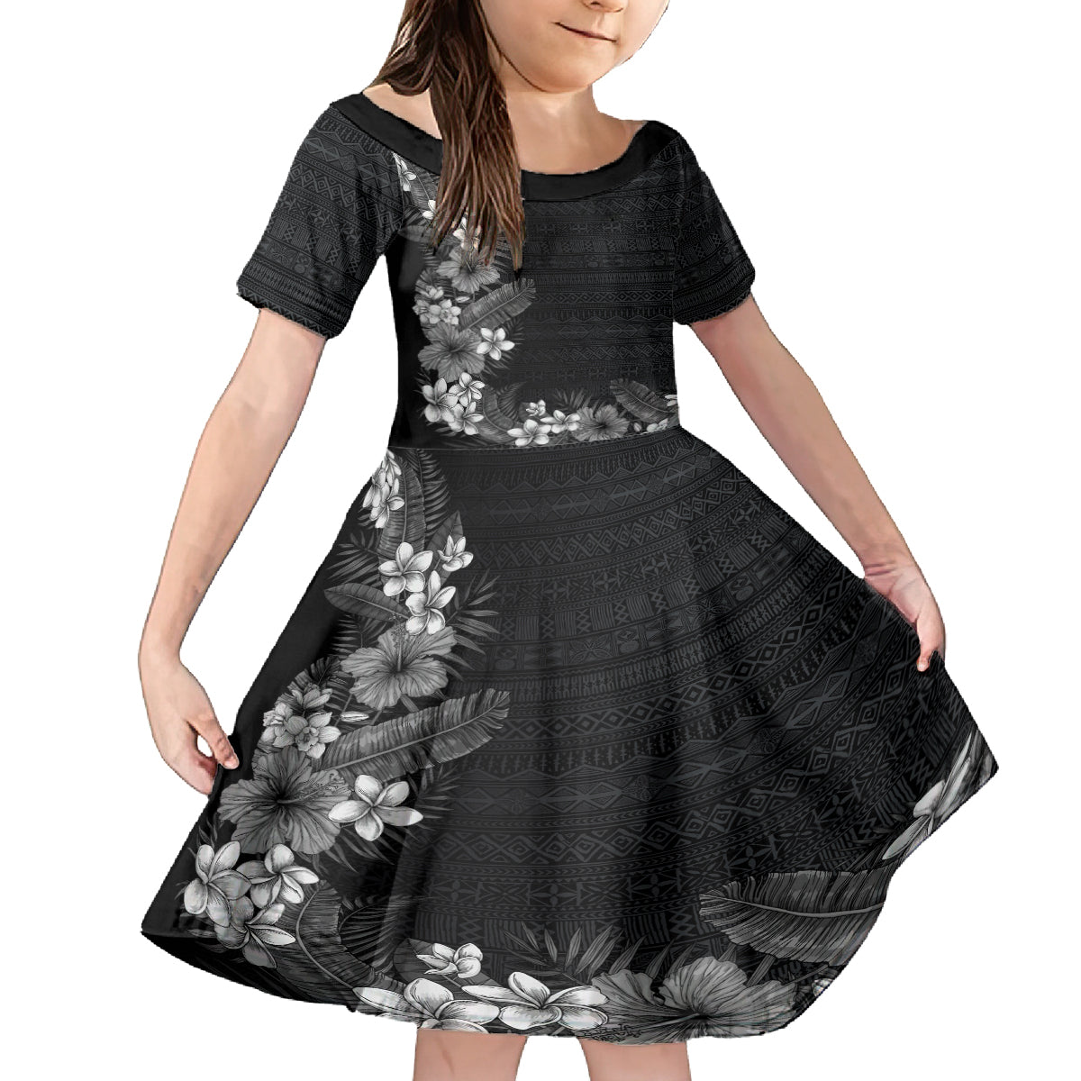 Hawaii Tropical Flowers and Leaves Family Matching Puletasi and Hawaiian Shirt Tapa Pattern Grayscale Mode LT03 Daughter's Dress Grayscale - Polynesian Pride