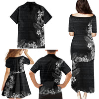 Hawaii Tropical Flowers and Leaves Family Matching Puletasi and Hawaiian Shirt Tapa Pattern Grayscale Mode LT03 - Polynesian Pride