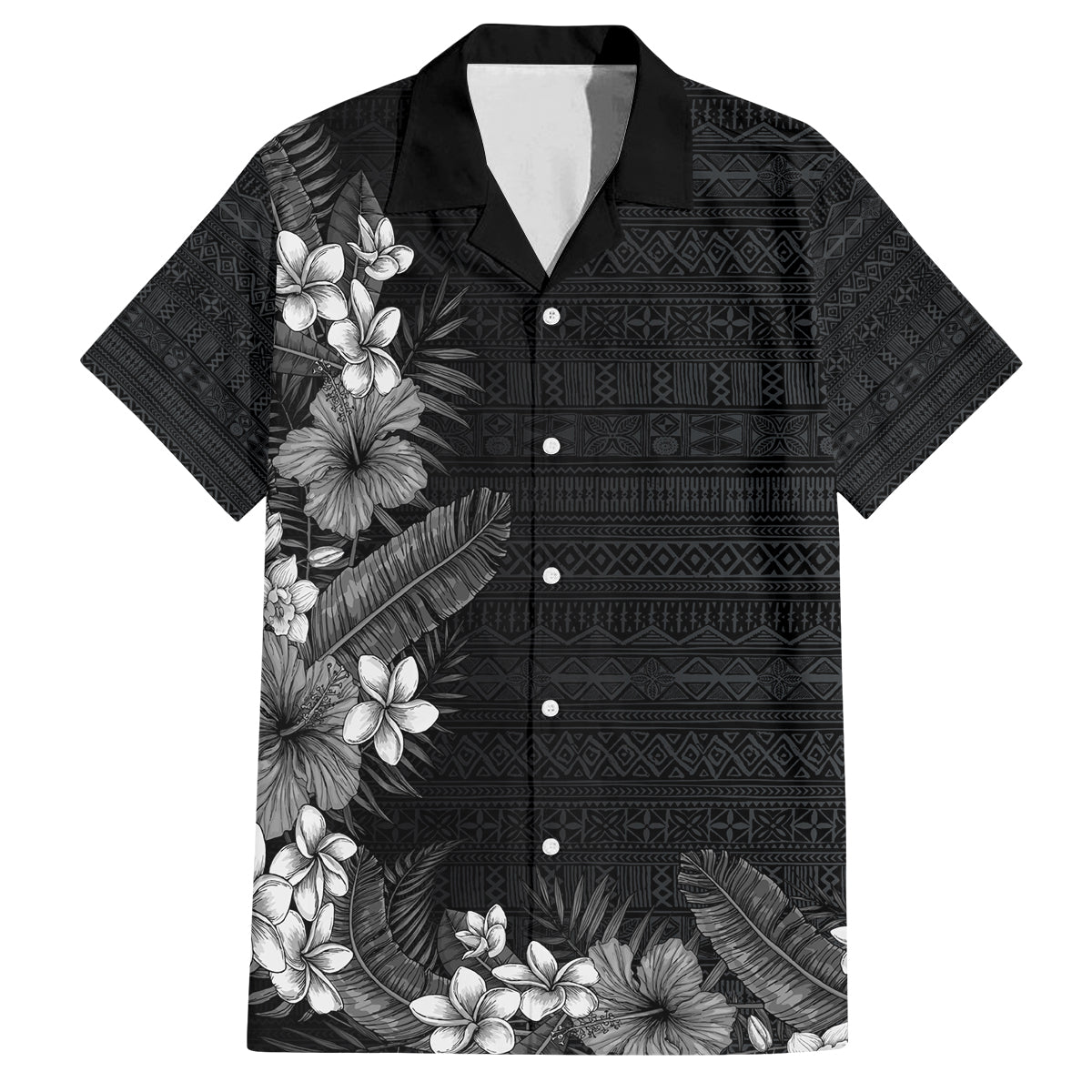 Hawaii Tropical Flowers and Leaves Family Matching Puletasi and Hawaiian Shirt Tapa Pattern Grayscale Mode LT03 Dad's Shirt - Short Sleeve Grayscale - Polynesian Pride