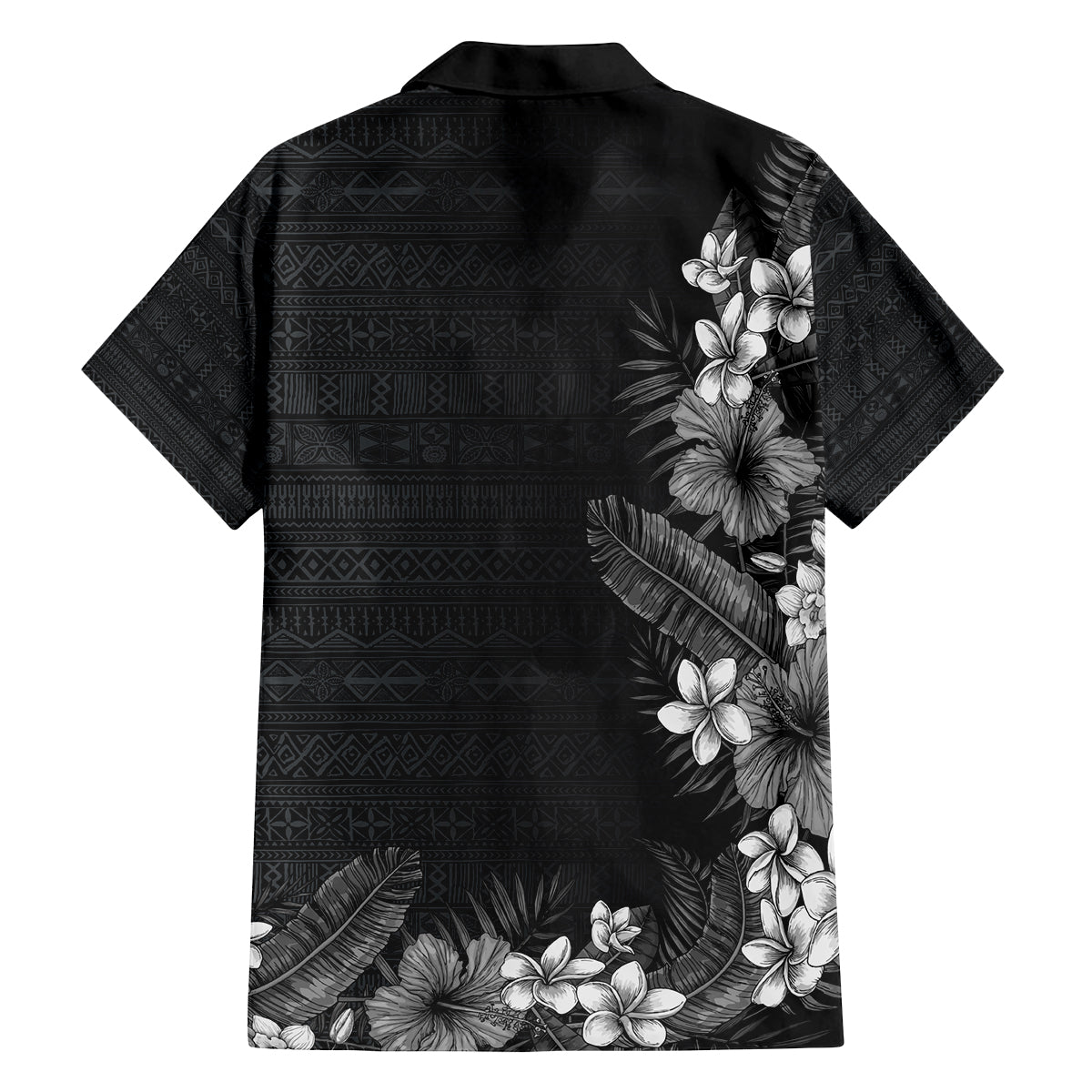 Hawaii Tropical Flowers and Leaves Family Matching Puletasi and Hawaiian Shirt Tapa Pattern Grayscale Mode LT03 - Polynesian Pride