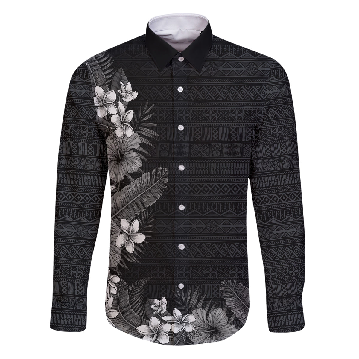 Hawaii Tropical Flowers and Leaves Family Matching Puletasi and Hawaiian Shirt Tapa Pattern Grayscale Mode LT03 Dad's Shirt - Long Sleeve Grayscale - Polynesian Pride