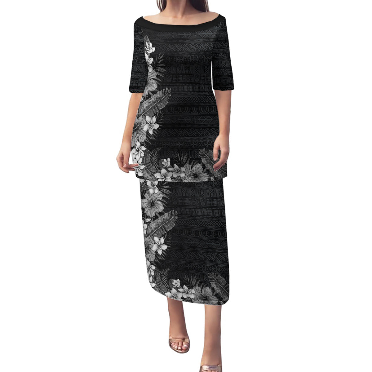 Hawaii Tropical Flowers and Leaves Family Matching Puletasi and Hawaiian Shirt Tapa Pattern Grayscale Mode LT03 Mom's Dress Grayscale - Polynesian Pride