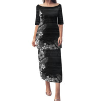 Hawaii Tropical Flowers and Leaves Family Matching Puletasi and Hawaiian Shirt Tapa Pattern Grayscale Mode LT03 Mom's Dress Grayscale - Polynesian Pride