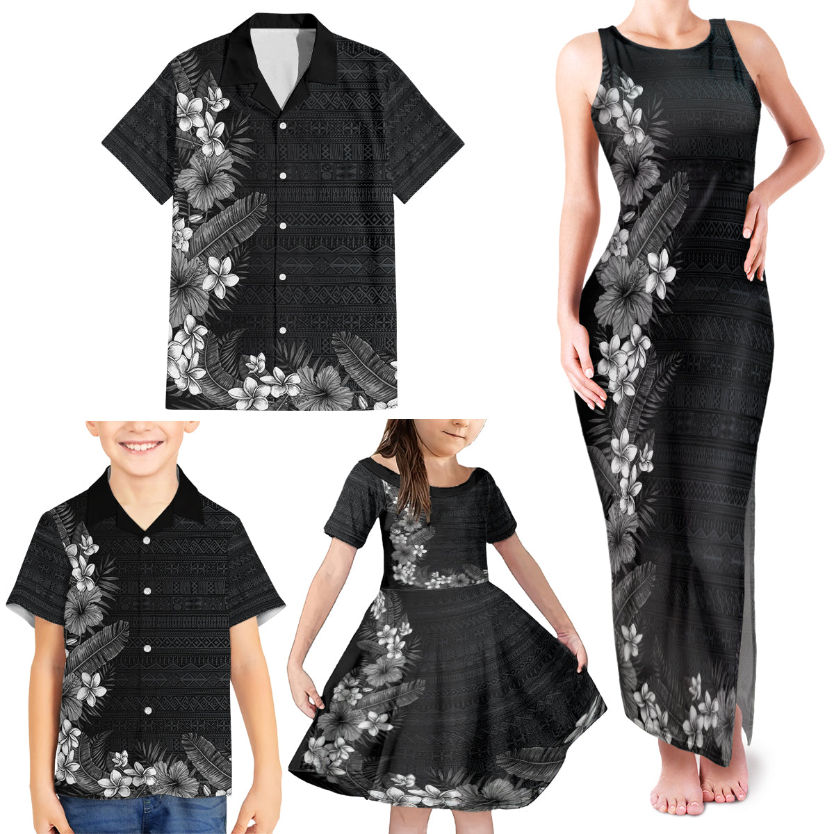 Hawaii Tropical Flowers and Leaves Family Matching Tank Maxi Dress and Hawaiian Shirt Tapa Pattern Grayscale Mode