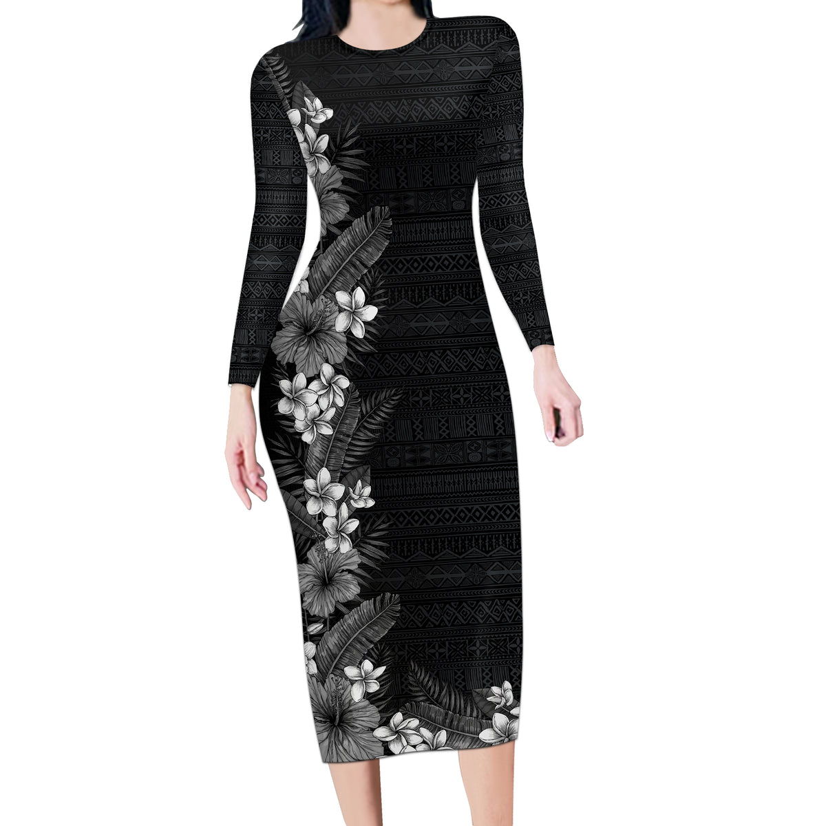 Hawaii Tropical Flowers and Leaves Long Sleeve Bodycon Dress Tapa Pattern Grayscale Mode