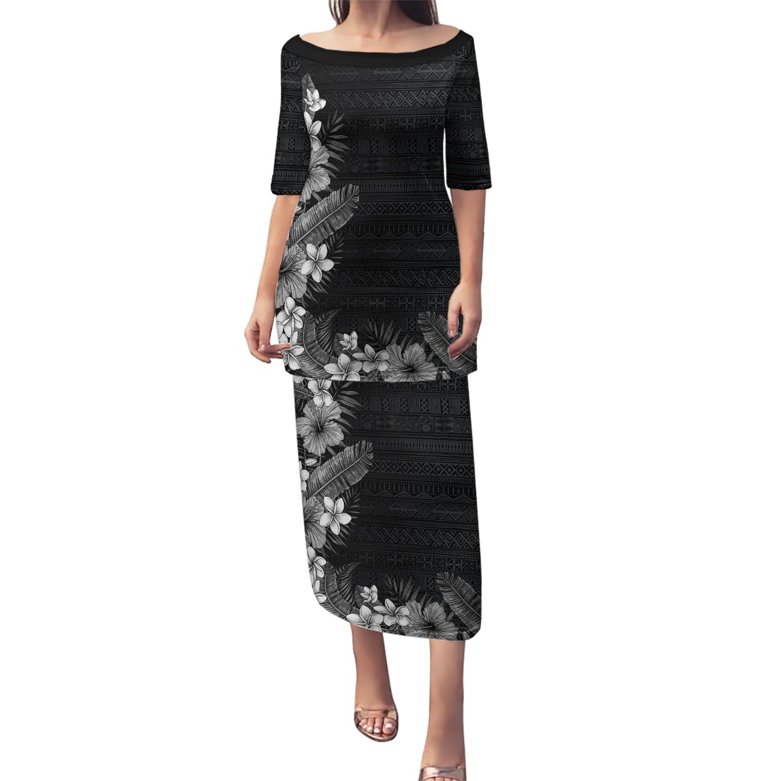 Hawaii Tropical Flowers and Leaves Puletasi Tapa Pattern Grayscale Mode