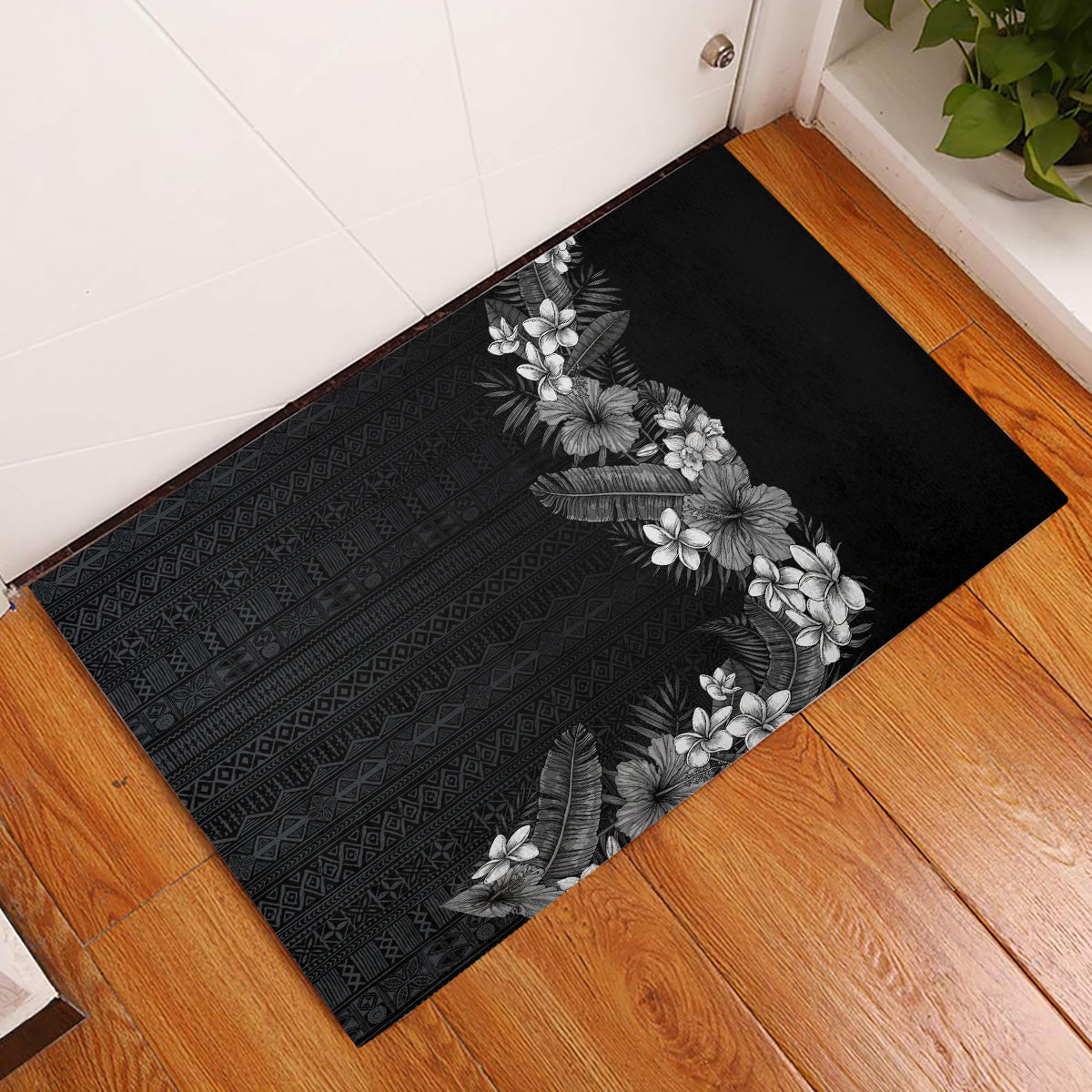 Hawaii Tropical Flowers and Leaves Rubber Doormat Tapa Pattern Grayscale Mode