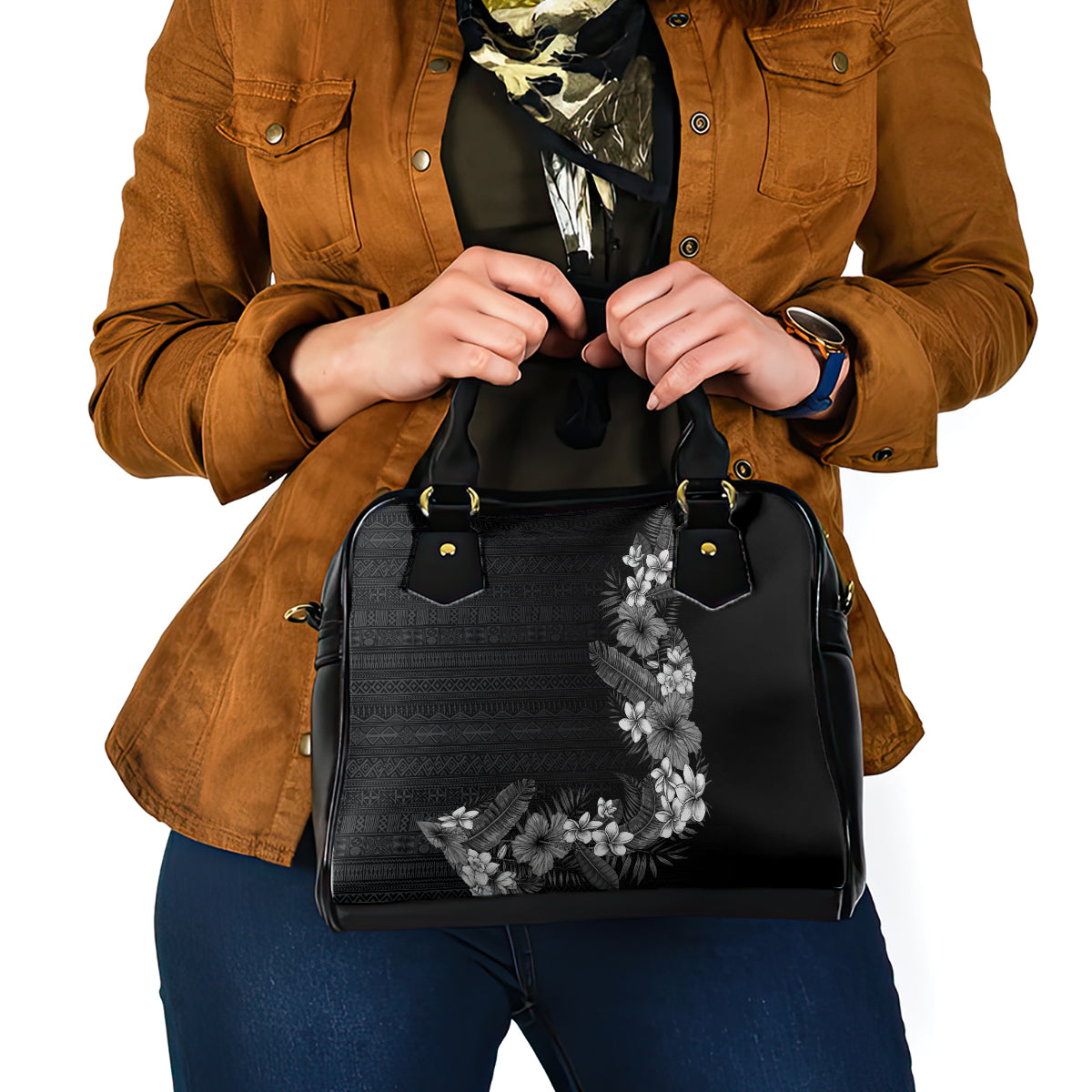 Hawaii Tropical Flowers and Leaves Shoulder Handbag Tapa Pattern Grayscale Mode