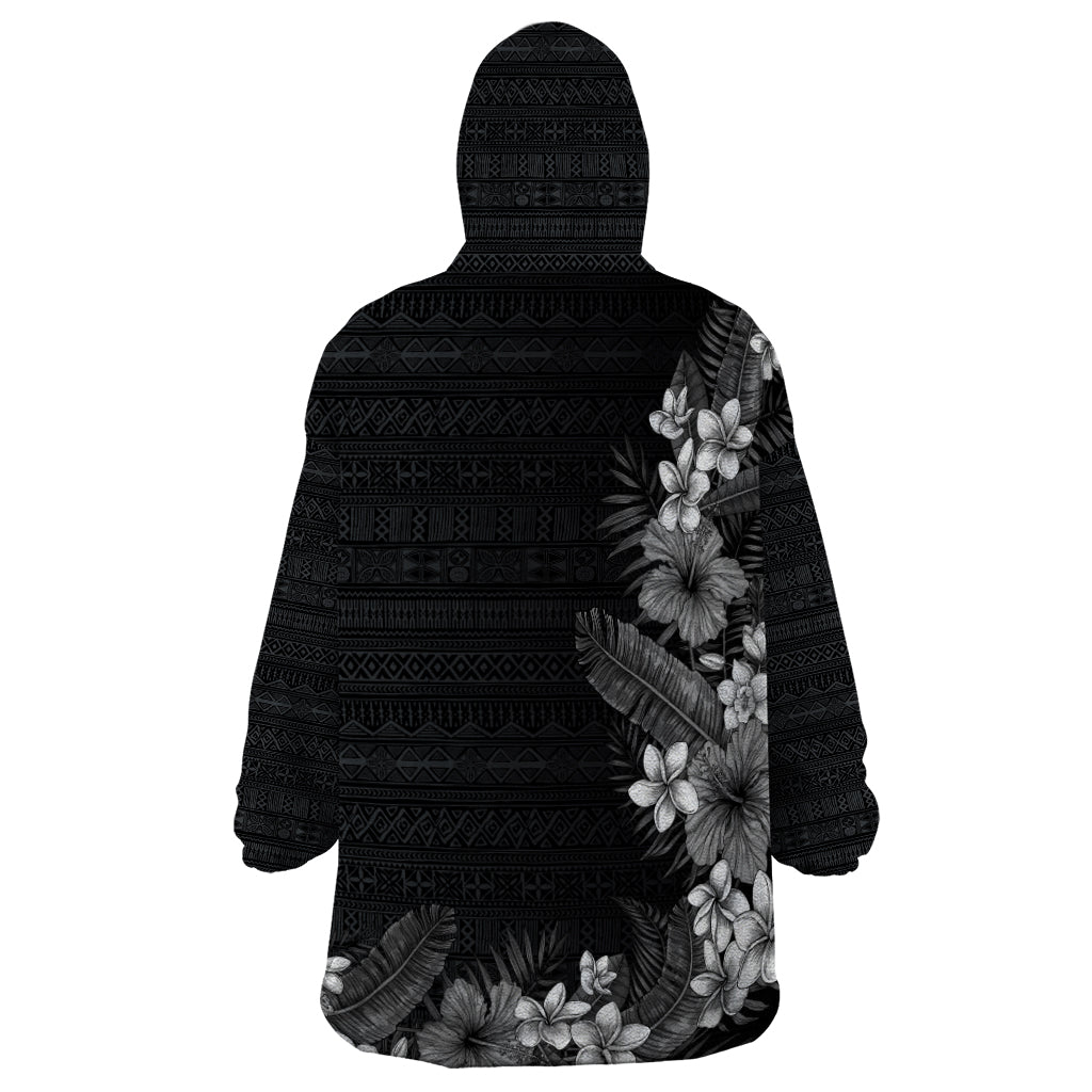 Hawaii Tropical Flowers and Leaves Wearable Blanket Hoodie Tapa Pattern Grayscale Mode LT03 - Polynesian Pride