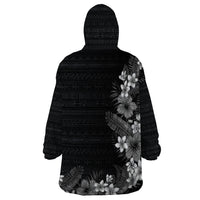 Hawaii Tropical Flowers and Leaves Wearable Blanket Hoodie Tapa Pattern Grayscale Mode LT03 - Polynesian Pride
