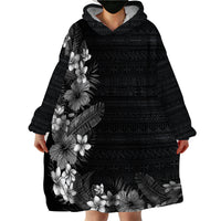 Hawaii Tropical Flowers and Leaves Wearable Blanket Hoodie Tapa Pattern Grayscale Mode LT03 - Polynesian Pride