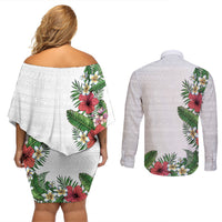 Hawaii Tropical Flowers and Leaves Couples Matching Off Shoulder Short Dress and Long Sleeve Button Shirt Tapa Pattern White Mode