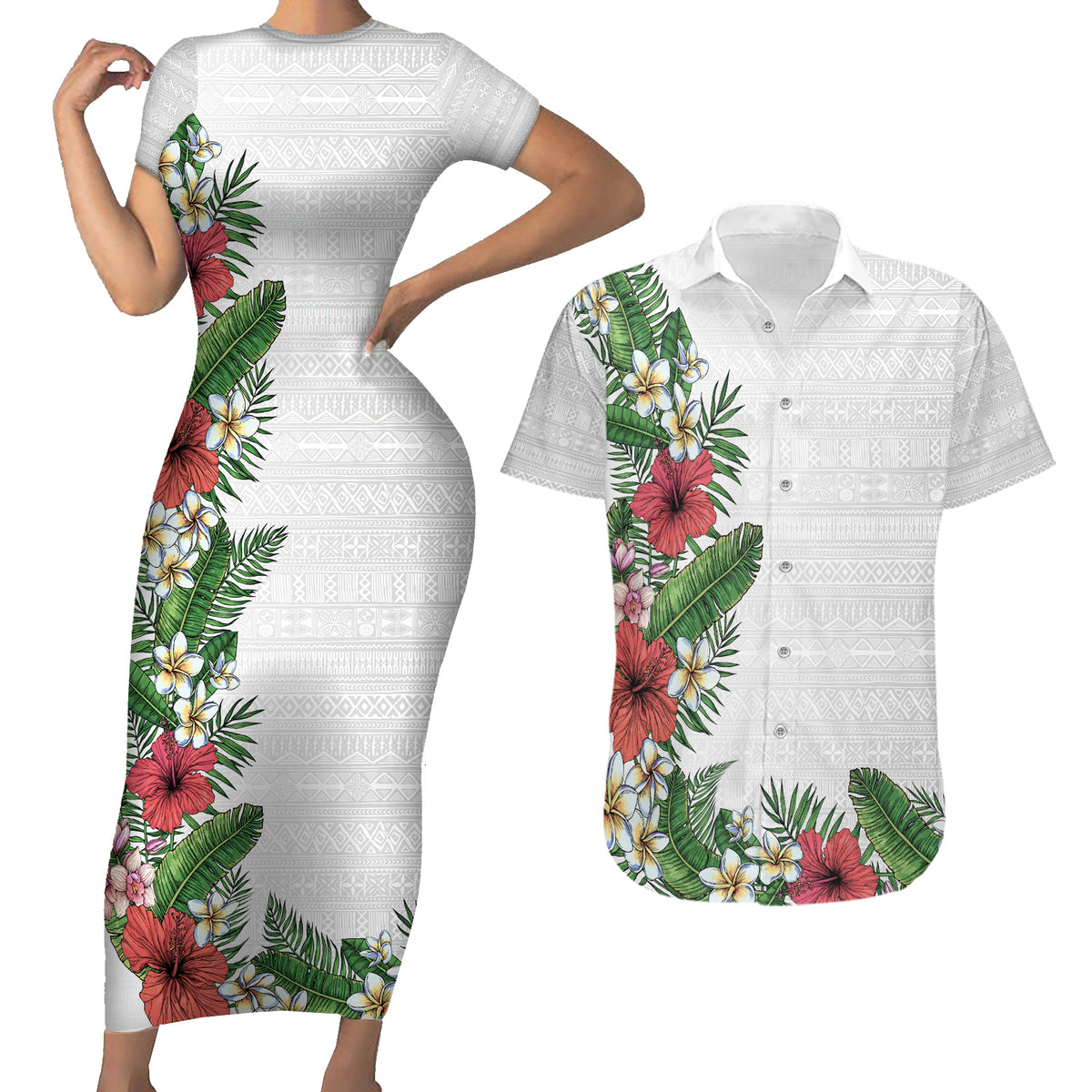 Hawaii Tropical Flowers and Leaves Couples Matching Short Sleeve Bodycon Dress and Hawaiian Shirt Tapa Pattern White Mode LT03 White - Polynesian Pride