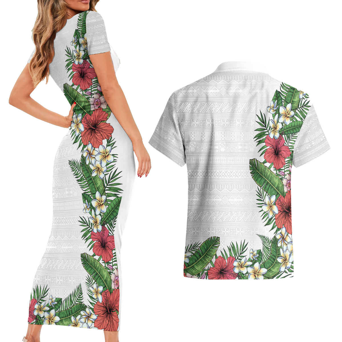 Hawaii Tropical Flowers and Leaves Couples Matching Short Sleeve Bodycon Dress and Hawaiian Shirt Tapa Pattern White Mode LT03 - Polynesian Pride